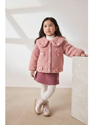 Minipodyum Bebe Yaka Fiyonk Detaylı Peluş Ceket 2-3 Yaş Kız Çocuklar İçin Uzun Kol Pembe