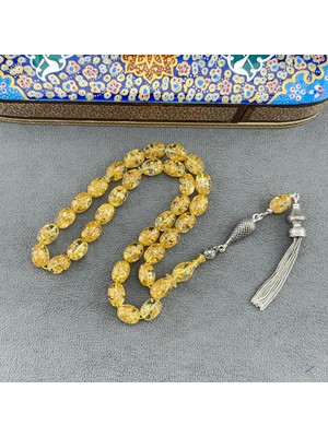 Altın Fosilli Sıkma Kehribar Tespih