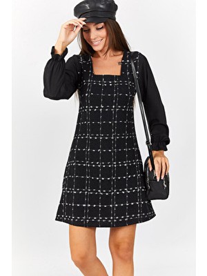 Armonika Kadın Kare Yaka Uzun Kol Elbise Basic Silüet Yaz Stili Ekoseli Tasarım