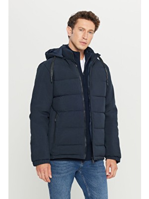Erkek Lacivert Sıcak Tutan Dolgulu Standart Fit Dik Yaka Kapüşonlu Yan Cepli Casual Mont
