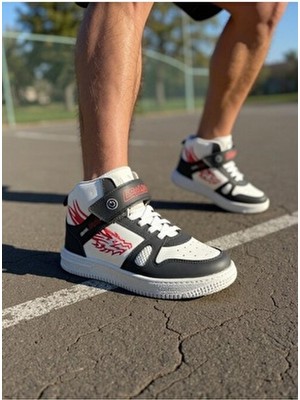 Assia Çocuk Basket Ayakkabısı Yüksek Bilekli Siyah Beyaz Kırmızı Alev Desenli Suni Deri