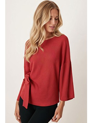 Armonika Kadın Nar Çiçeği Sıfır Yaka Yumuşak Dokulu Yarasa Kol Önden Bağlamalı Bluz ARM-26K001021