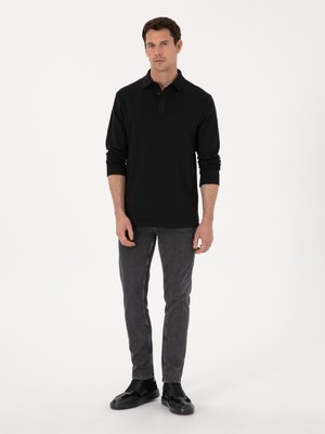 Cacharel Erkek Siyah Regular Fit %100 Pamuk 3 İplik Polo Yaka Sweatshirt 50318960-VR046