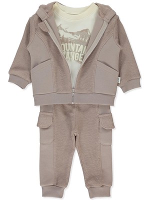 Bebetto Balıksırtı Üç Ip Kapşonlu Hırka 3lü Takım (Mountaın Range) Kahverengi