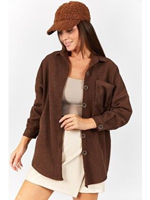 Armonika Kadın Kahve Oversize Kaşe Cepli Gömlek ARM-22Y001156