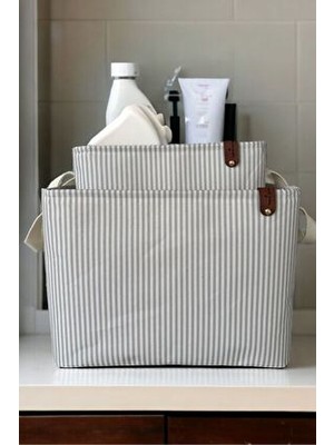  gri çizgili çok amaçlı dolap ıçi oyuncak saklama kutusu sepeti organizer 2'li 18x22x30-37x27x25