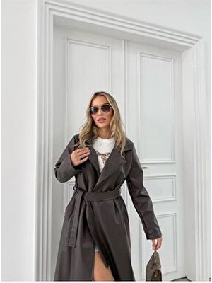 Vess Moda Kadın Içi Astarlı Kuşaklı Uzun Deri Trenç Acı Kahve