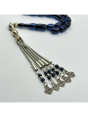 Gece Safiri Renginde Şeffaf Mavi Sıkma Kehribar Gümüş Dizaynlı Özel Üretim Tespih