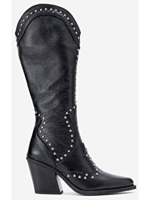 Dericlub Kadın Yüksek Topuk Sivri Burun Çizme Gerçek Deri Zy 1608 Siyah