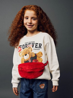 LC Waikiki Lcw Kids Pembe Bisiklet Yaka Baskılı Uzun Kollu Kız Çocuk Sweatshirt