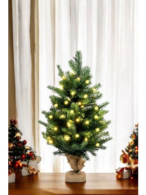 Empressco 40 cm Renkli LED Işıklı Yılbaşı Çam Ağacı, Kütük Tabanlı, Jüt Ipli, Masaüstü Dekor