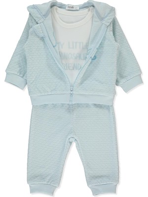 Bebetto Kadife Fermuarlı Hırka 3lü Takım (Dınosaur) Mavi