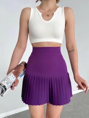 MGN Altı Pliseli Mini Etek Mor S24705