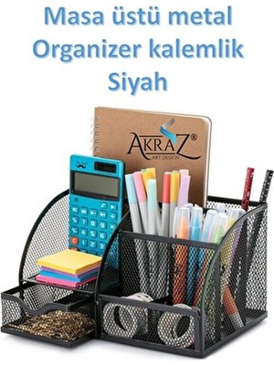 Akraz Art Design Masa Üstü Metal Kalemlik Siyah Yedi Gözlü (Organizer Masa Seti Düzenleyici)