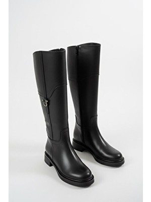 Divolya Hulbery Siyah Deri ( 3,5 cm Topuk Boyu) Yanı Tokalı Günlük Kadın Çizme