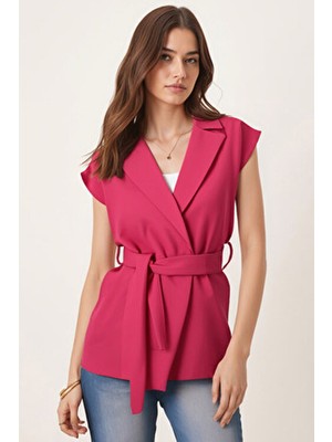 Armonika Kadın Fuşya Erkek Yaka Beli Kuşaklı Keten Görünümlü Yelek ARM-25Y001079