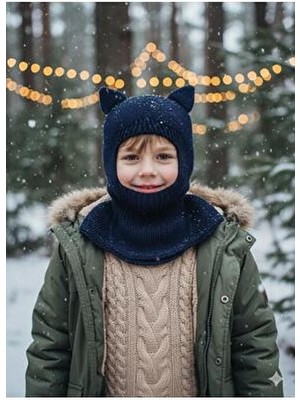 Kedi Kulaklı Kışlık Balaklava Triko Boyunluklu Bebek Çocuk Şapka Bere Kar Maskesi