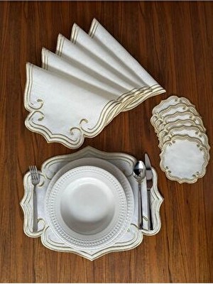 Nurhan Home Collection Curly Modeli Gold Nakışlı 12 Parça Set Amerikan Servis ve Kokteyl Sunum Peçetesi