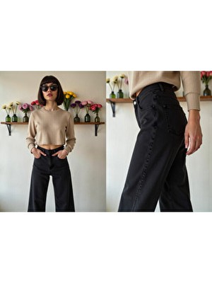 Enzim Jeans Kadın Wide Leg Baggy Jeans %100 Pamuk Uzun Kesim Düz Desenli Denim Pantolon