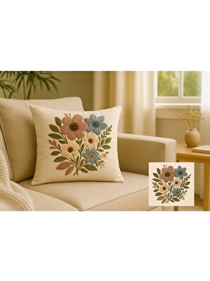 Minoza Digital Baskılı Punch Nakış Görünümlü Çiçekli Dekoratif Kırlent Kılıfı 1 Adet