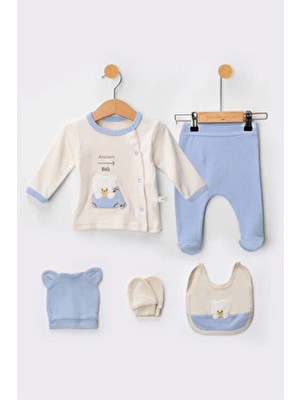 Organik Erkek Bebek Ayıcık Desenli 5'li Tulum Hastane Çıkışı Yenidoğan Kıyafet Mama Önlüğü