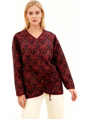 Rays Bordo Etnik Desenli Kapitone Bel Bağlamalı Kadın Ceket 3496