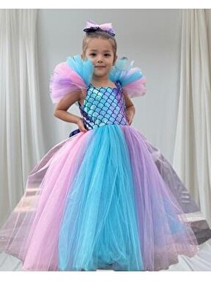 Fenomen Kids Deniz Kızı Elbise Mezuniyet Elbisesi Slim Silüet Gece Stili Mavi Renkli Askılı Model