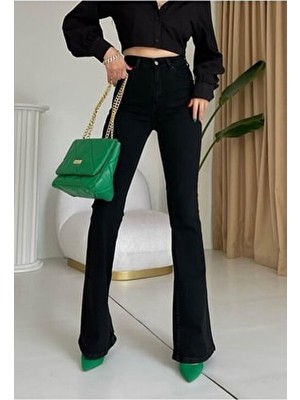 Limabel All Star Ispanyol Jeans Ispanyol Kot Yüksek Bel Solmaz Siyah Ispanyol Kot Pantolon ( Likralı )