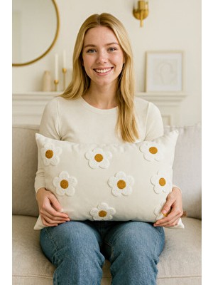 Hd Home Collection Keten Kumaş 35*50 Papatya Desen Punch Kırlent Kılıfı (Panç)