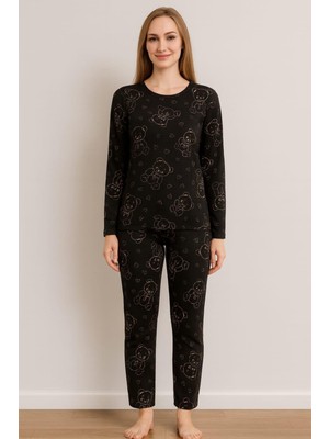 Pemilo Kadın 0327 Uzun Kol Desenli Süet Pijama Takımı