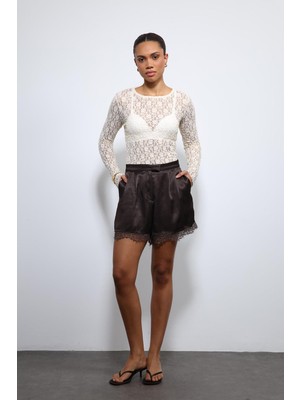 Antioch Ekru Dantel Detaylı Transparan Bluz