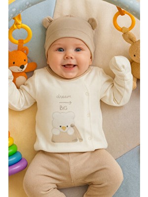 Organik Erkek Bebek Ayıcık Desenli 5'li Tulum Hastane Çıkışı Yenidoğan Kıyafet Mama Önlüğü