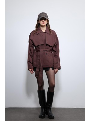 Antioch Bordo Kemerli Kısa Trençkot