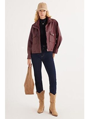 Tudors Kadın Regular Fit Klasik Kesim Fermuarlı Çıtçıt Kapamalı Bordo Ceket