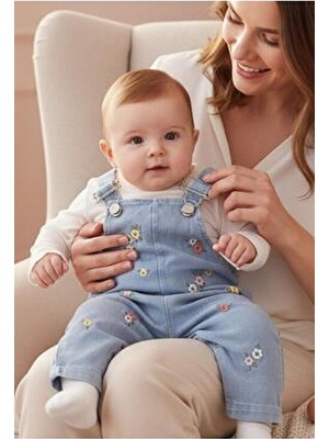 Altıntaş Baby Renkli Çiçek Nakışlı Kot Görünümlü Örme Kumaş Mevsimlik 2li Salopet Set