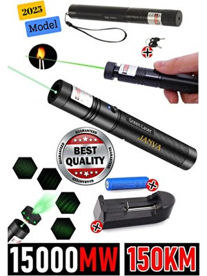 Janva Şarjlı Turbo Yeşil Lazer Pointer 15000 Mv Güçlü Kibrit Yakabilen 150KM Siyah Renkli
