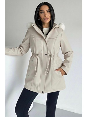 Hiramir Kapüşonlu Deri Içi Kürklü Cep Üstü Detaylı Mont Bej KS2509