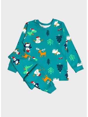 Aliş Kids Erkek Çocuk %100 Pamuklu Yeşil Geyik Kardan Adam Çam Yeni Yıl Temalı Uzun Kollu Pijama Takımı