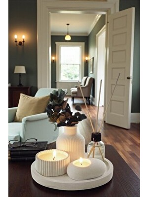 Evrosi 5li Vazo, Kokulu Mum ve Oda Kokusu Seti Beyaz Renkli Dekoratif Tepsi ile Mükemmel Hediye