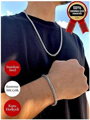 Vexa Aksesuar Vexa Premium Yuvarlak Kral Zincir Kolye ve Bileklik Seti 316L Çelik Kutulu Hediyelik Gümüş