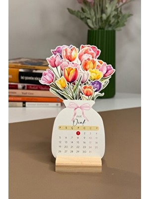 Tifopix Ahşap Ayaklı Çiçekli Tasarım Lale Masa Takvimi Fiyonklu Lale 2026 Takvim Öğretmenler Günü Hediyesi