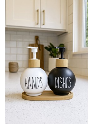 Makri Home 2'li Cam Sıvı Sabunluk Seti Siyah-Beyaz Bambu Stantlı 450 Ml Estetik Tasarım