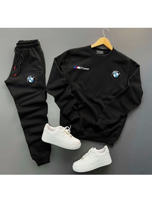 Bmw Mbower Baskılı Siyah Oversize Sıfır Yaka Sweatshirt Siyah Alt Eşofman Kombin 2li Set