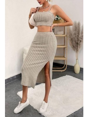 Mossta Askılı Crop Yırtmaçlı Midi Etek Fitilli Kaşkorse Takım Bej