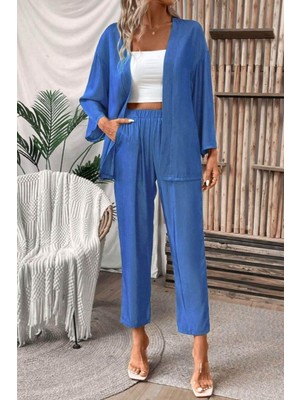 Mossta Dökümlü Ceket Dokuma Pantolon Ikili Takım - Mavi