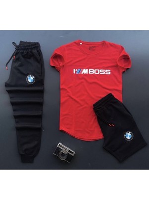 Şort-Eşofman Altı-Tişört Slim Fit 3'lü Beyaz Bmw Takım Kombin Alt Üst