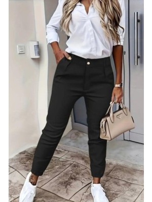 Mossta Düğme Detaylı Cepli Atlas Pantolon - Siyah