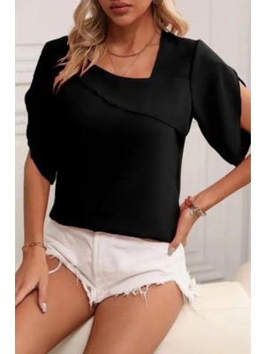 Mossta Yaka ve Kol Detay Bluz Siyah