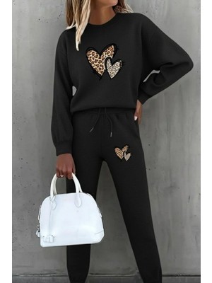 Mossta Kalp Desenli Şardonlu Üç Iplik Bluz Pantolon Ikili Takım - Siyah