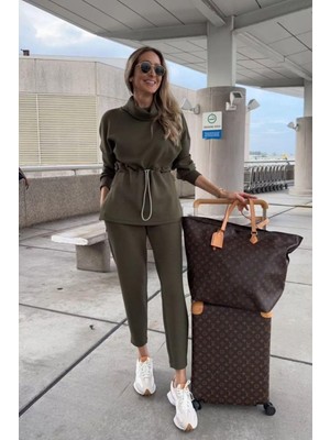 Mossta Balıkçı Yaka Lastikli Modal Bluz Pantolon Ikili Takım - Yeşil